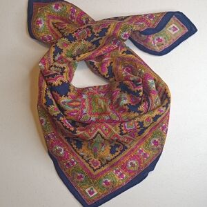 Vintage Wool Paisley Motifs Blue Pink Gold Green Scarf Made In Japan